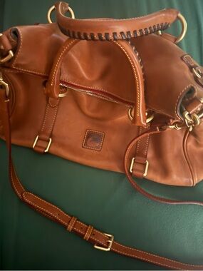 Dooney & Bourke Cognac Brown Leather Shoulder Satchel with Gold Hardware